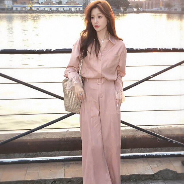 Korean-Style Lace Patchwork Long-Sleeve Shirt and High-Waisted Wide-Leg Pants Two-Piece Set for Women, 2026 Spring/Summer New Elegant Outfit