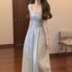 French style pure lust style hollow square neck knitted dress for women in summer with chic sweet and spicy waist-cinching A-line long skirt