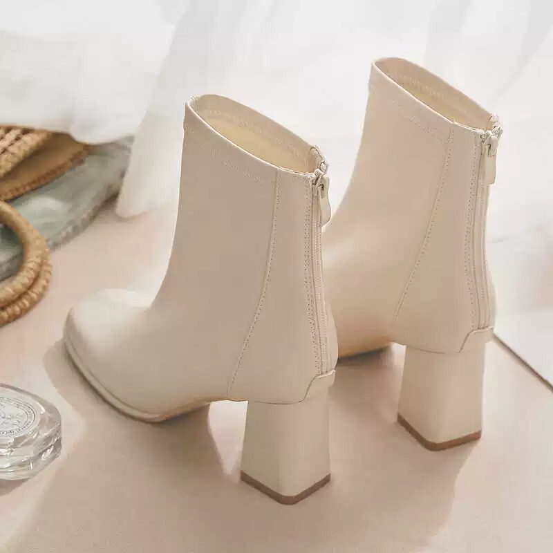White Chunky Heel Short Boots for Women 2025 Autumn and Winter New Versatile Petite Fleece-Lined High-Heeled Square Toe Slim Martin Boots for Women