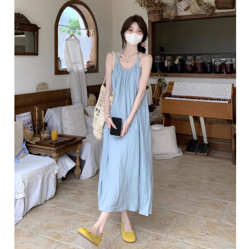 Beach Vacation Style Blue Spaghetti Strap Dress for Women, Summer 2026 New Loose Backless Tie A-Line Long Dress ins