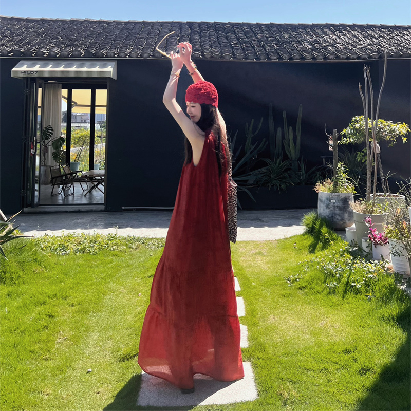 Red Halter Neck Dress for Women, New Summer Style, Vacation Style Design, Back Tie, Elegant, Loose and Unique Long Dress