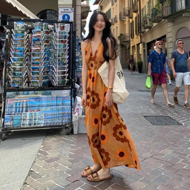 Xishuangbanna Thailand Island Travel Outfit Seaside Vacation Sanya Printed Dress Bohemian Beach Dress