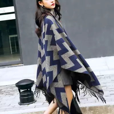 Cashmere shawl women's autumn and winter with thick warm tassel cloak travel photo Korean version of Wild scarf tide