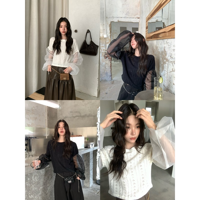 【Ywyw26F/W】Solid Color Hollow-Out Patchwork Mesh Drop-Shoulder Puff Sleeve Round Neck Short Knit Top 7537