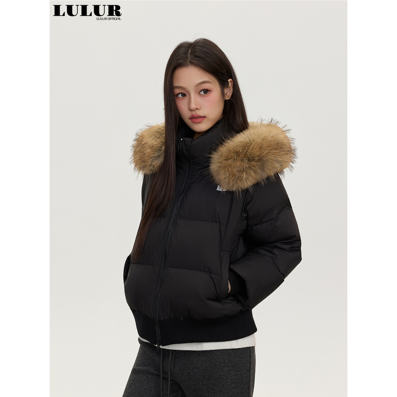 Lulur Detachable Fur Collar Hooded Short down Jacket 90 White Duck down Short Coat