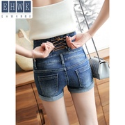 . Trang denim quần eo cao quần short nữ hiển thị mỏng cuộn mép quần nóng 2020 mùa hè mới sinh thun quần short