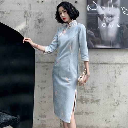 Легкое элегантное демисезонное ципао, платье, светлый стиль, китайский стиль