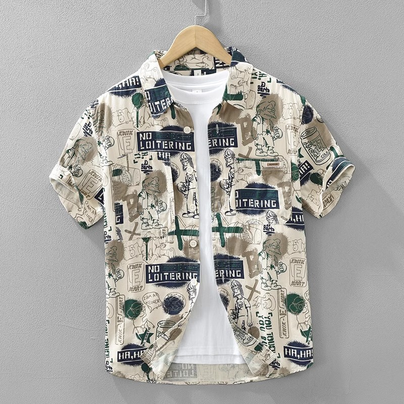 European Trendy Brand Personalized Printed Short-Sleeved Shirt for Men, Summer Hong Kong Style Fashion Versatile Casual Artistic Loose Shirt