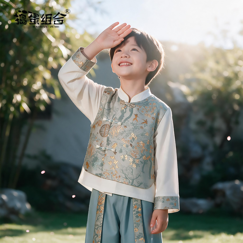 Boys' Tang Suit Long-Sleeved Set, Spring and Autumn Chinese Style Kindergarten Performance Costume, New Chinese Style Boys' Hanfu, Gentleman's Ancient Costume