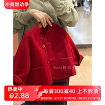 Bora Korean girls red thickened woolen coat 2024 new autumn and winter clothing small and medium-sized baby style coat