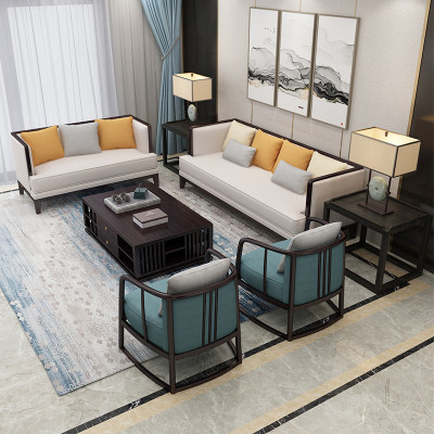 New Chinese style solid wood fabric sofa Zen villa living room combination model room modern light luxury homestay furniture customization