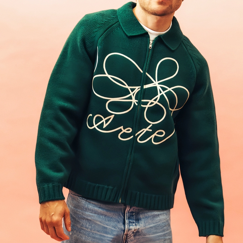 High-End Arteantwerp Ribbon Embroidered Floral American Street Style Zip-Up Cardigan Sweater with a Turn-Down Collar