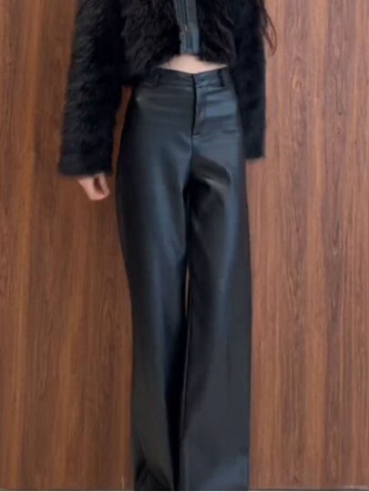 Black leather pants for women in autumn and winter 2025 new style high-waisted slim and versatile straight-leg narrow wide-leg pants