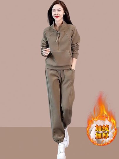 Women's Sports Suit 2025 Autumn and Winter New Style Fashionable Fleece-Lined Thickened Sweatshirt and Jogger Pants Casual Two-Piece Set