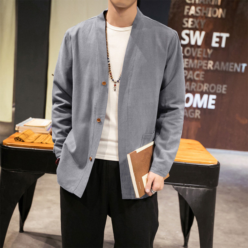 Spring-autumn-thin-style cardio-hoodie jacket male Chinese style clothes Outerwear Clothing Pure color Gushi Costume Zen art youth clothes fat