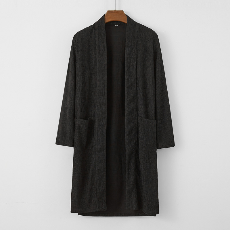 Buttonless Long Cardigan for Men with Side Slits, Wrinkled Texture, Stretchy Drape, Long Cape, Chinese Style with Pockets, Double-Breasted Trench Coat