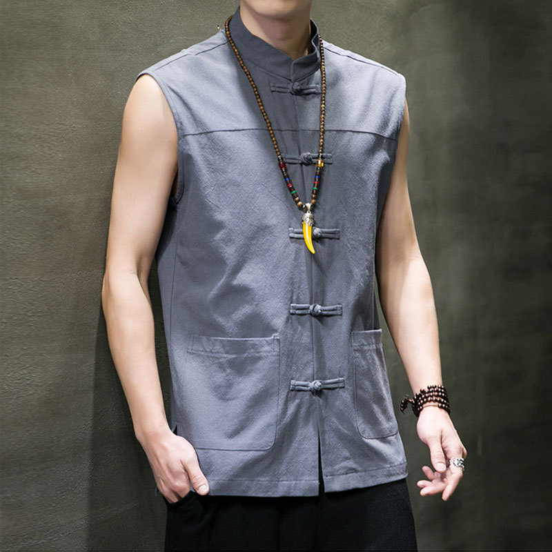 Chinese Style Button-Up Vest for Men, Sleeveless Shirt, Stand-Up Collar, Double-Breasted Vest, Loose Fit, Traditional Style, Large Size, Chinese-Style Top Chinese Style Button-Up Vest for Men, Sleeveless Shirt, Stand-Up Collar, Double-Breasted Vest, Loose Fit, Traditional Style, Large Size, Chinese-Style Top