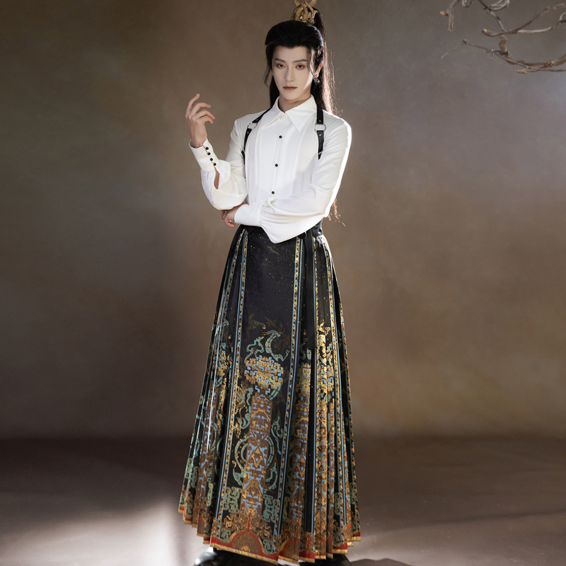 Zhao Hua Fu Hanfu Men's Clothing New Chinese Style National Style Han Elements Men's Hanfu Black Gold Brocade Original Horse Face Skirt Men's and Women's Clothing