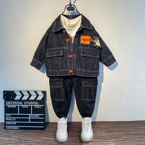 Boys spring clothes 2021 New set cowboy black handsome baby cartoon childrens mens treasure clothes foreign atmosphere tide