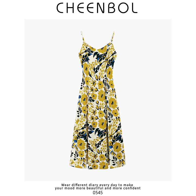 0545 Hawaiian Suspender Dress for Women in Summer with Oil Painting Print and Contrasting Color Design, Waist-Cinching and Slimming One-Piece Dress