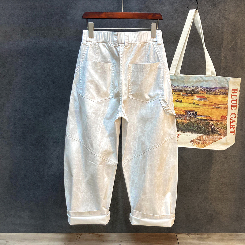 Japanese Retro Wide-Leg Casual Pants for Men, Trendy Brand, Spring and Summer Thin Style, Loose Straight-Leg, Elastic Waist, Distressed Knife-Cut Pants