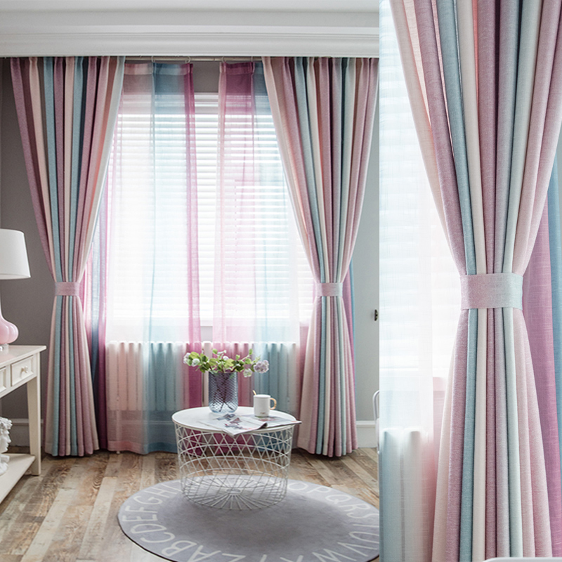 Nordic style curtains Simple bedroom small fresh Children's room Bay window Semi-blackout American light luxury curtains Mediterranean