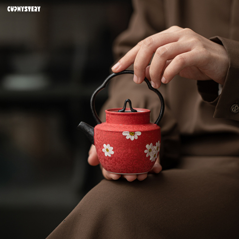 Cupmystery Handle Teapot with Hawthorn Red Underglaze Hand-Painted Design, Tea Infuser with Ball-Shaped Filter, Kung Fu Tea Set, Ceramic Teapot