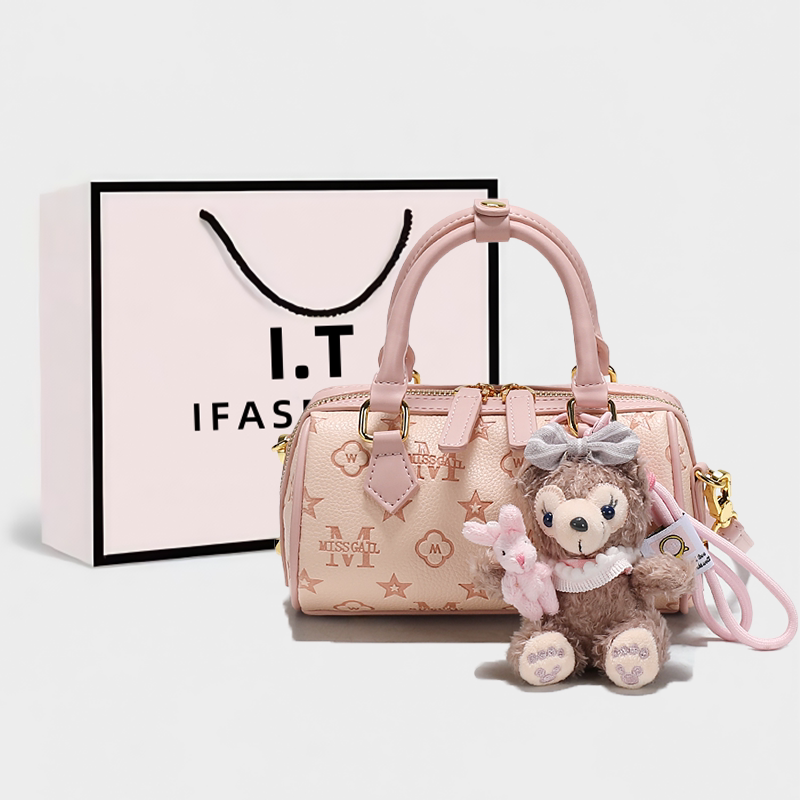 It Counter Genuine Leather Pink Embossed Sweet Boston Bag Women's 2026 New High-End Handbag Crossbody Bag