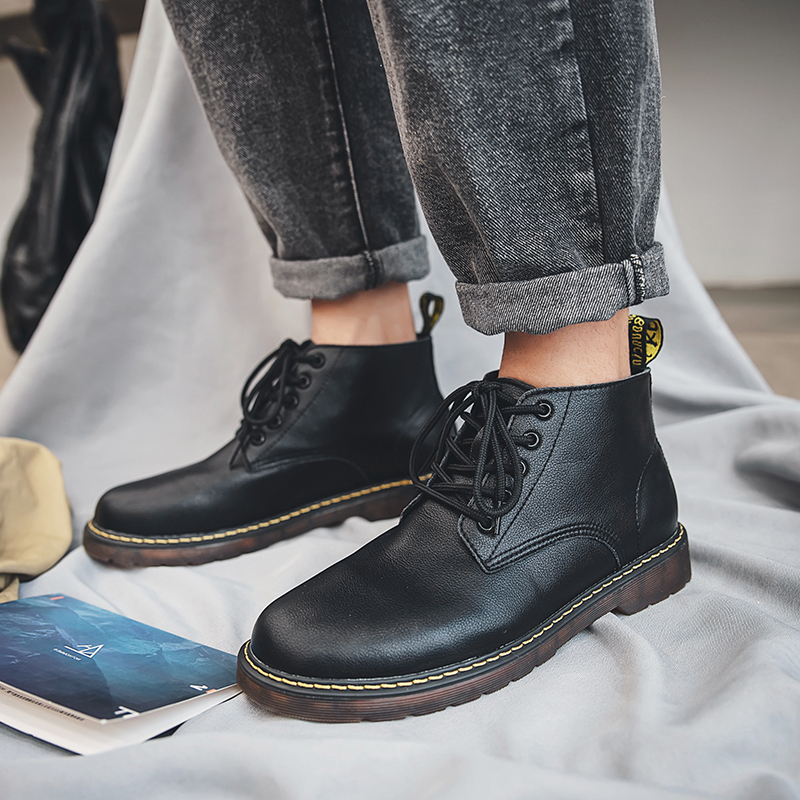 Winter plus velvet lychee leather Martin boots men's British windmill men's boots high tube trend leather tooling trendy men's short boots