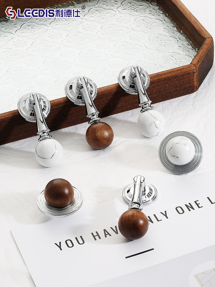 Medieval-Style Silver Brass Cabinet Door Wardrobe Handle French Walnut White Marble Pattern Round Ball Drawer Handle