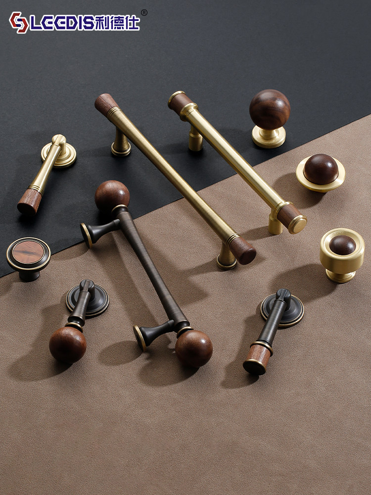 New Chinese-Style Retro Walnut Wood Brass Cabinet Door Handle, Antique Bronze Color Round Ball Cabinet Wardrobe Drawer Handle