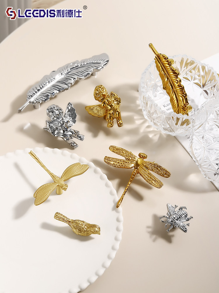 Creative and Unique French-Style Brass Cabinet Door Handles with Dragonfly, Bee, Angel Feather, and Sparrow Designs for Cabinets, Drawers, and Wardrobes
