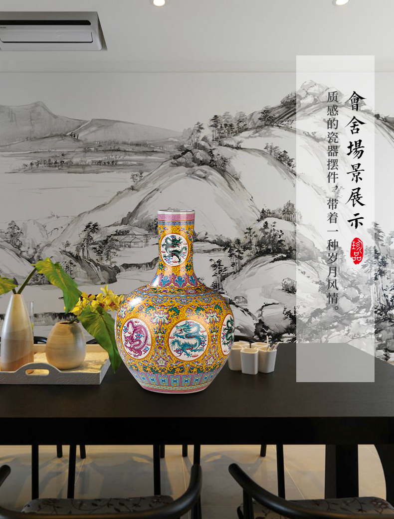 Jingdezhen ceramics desktop large vases, antique Chinese style living room furnishing articles enamel dragon grain tree