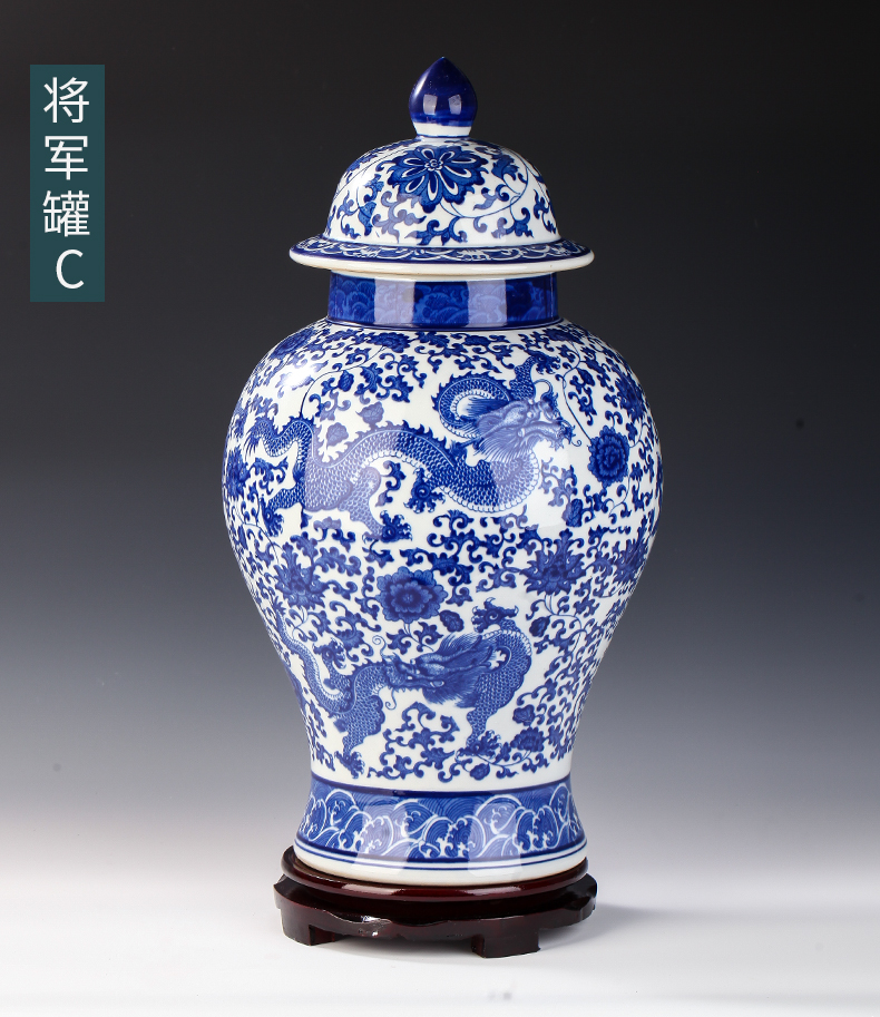 Jingdezhen ceramic general furnishing articles put lotus flower grain size of blue and white porcelain jar of Chinese style living room TV cabinet storage tank