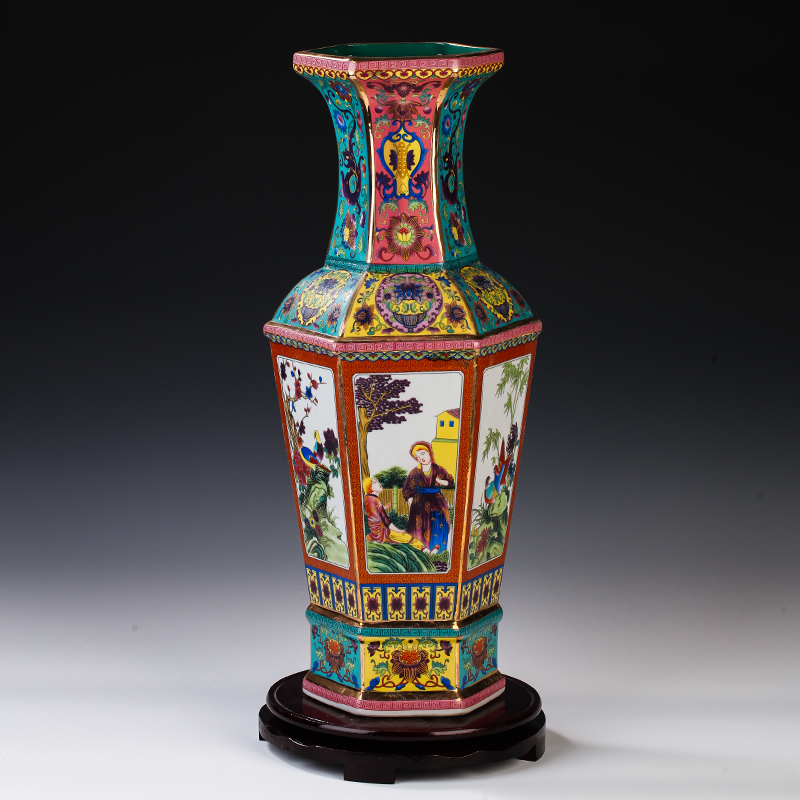 Archaize of jingdezhen ceramics powder enamel see colour enamel six sides flower vase furnishing articles sitting room porch decoration