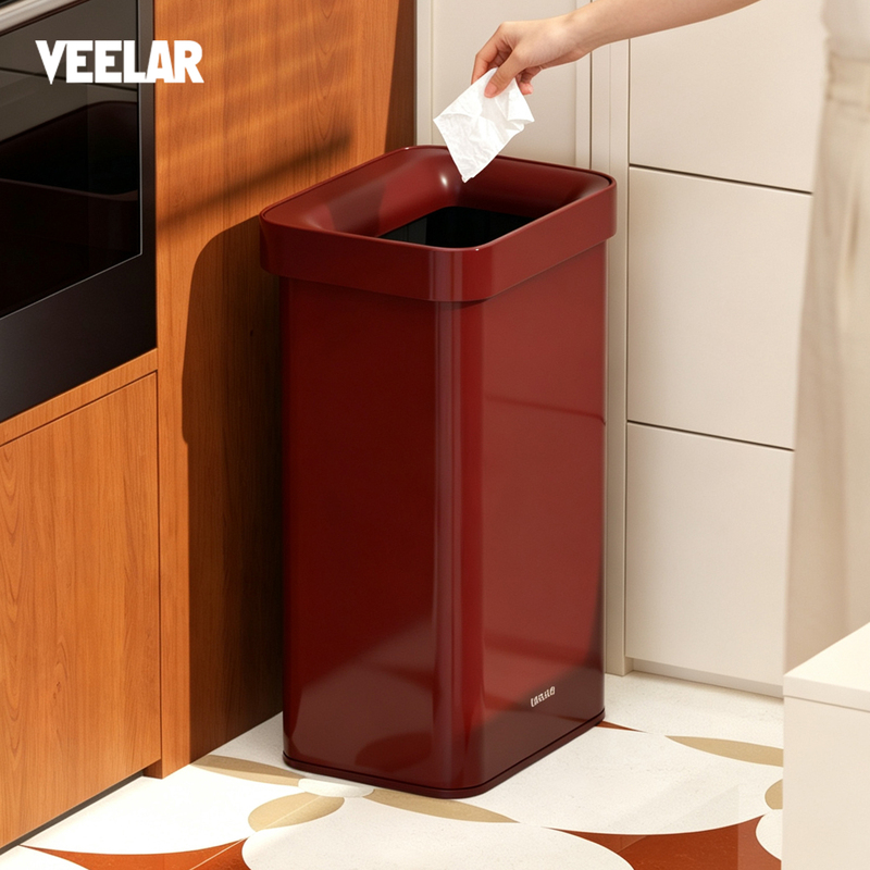 Veelar Lidless Trash Can for Home Use in Bathroom, Kitchen, Bedroom, Living Room, High Aesthetic Value, with Wheels, New Model, Red Veelar Lidless Trash Can for Home Use in Bathroom, Kitchen, Bedroom, Living Room, High Aesthetic Value, with Wheels, New Model, Red