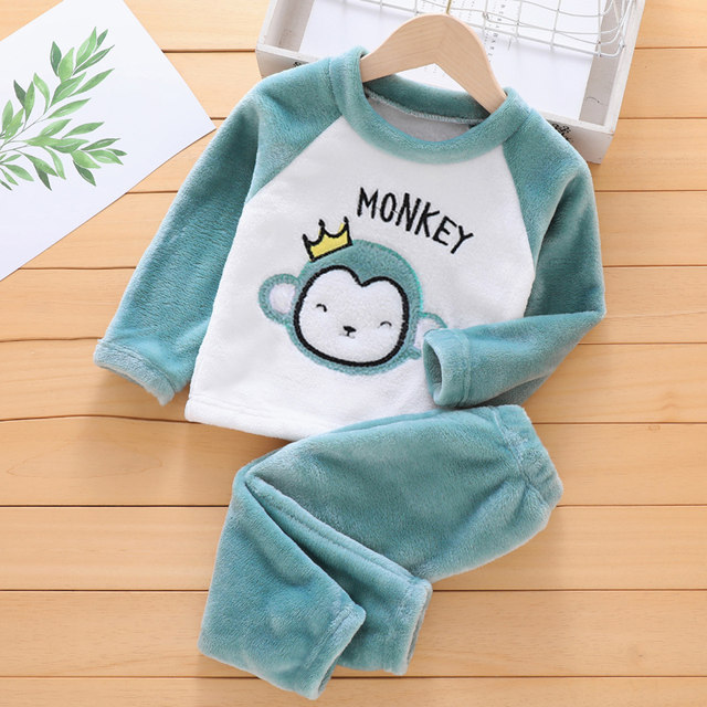 2022 new boys and girls pajamas children's home clothes flannel children's suits plus velvet baby warm tide
