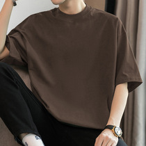 Shandong Qingdao Jimo 260g American heavyweight cotton mens round neck summer solid color trendy loose cotton half-sleeve shirt