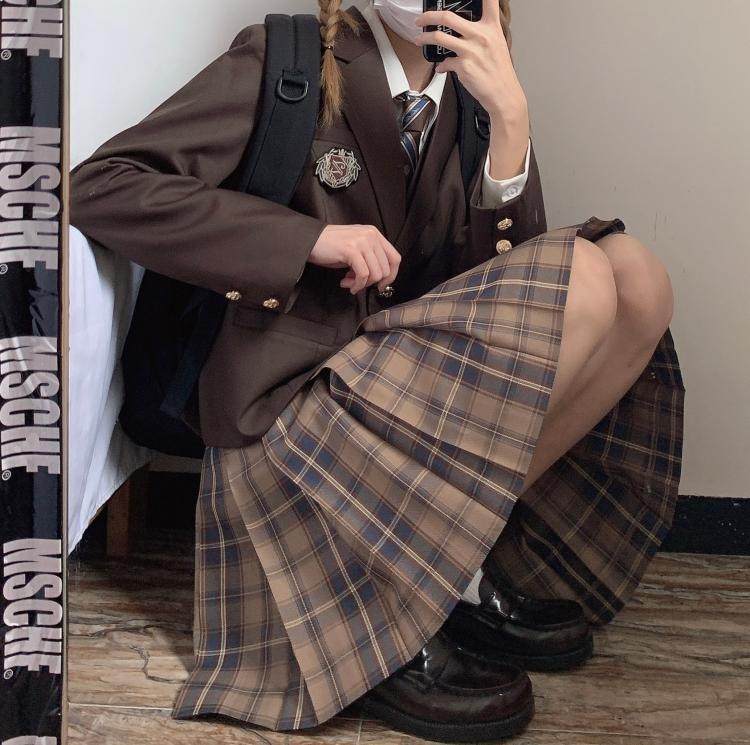 Kasukabe (Tanno) TR interwoven spot original brown grid skirt jk uniform skirt orthodox girl class