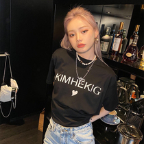 2021 Spring New Kimhekim Short Sleeve T-shirt Women Black and White Basic Cotton Joker Love Letters Loose Letters
