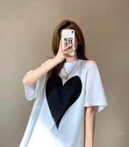 Kimhekim love short sleeve T-shirt female 21 spring and summer New Heart series Black and White Foundation joker loose top