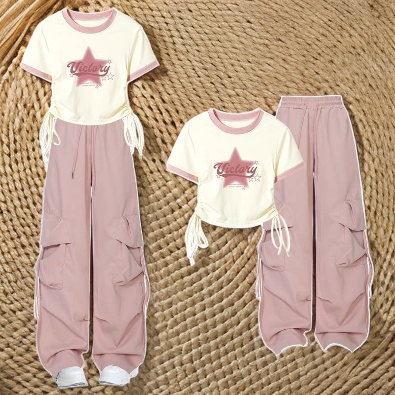 2026年新作 夏物 おしゃれなデザインのツーピースセット（中学生・大学生向け）：Tシャツとハイウエストカーゴパンツ