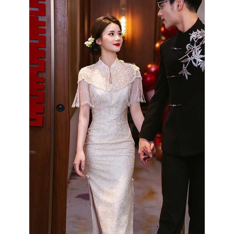 Новое свадебное платье cheongsam с шампанским в китайском стиле, элитная легкая роскошь, нишевое свадебное платье для тостов, возвращайтесь к двери и выходите из кабинета с отличным чувством юмора