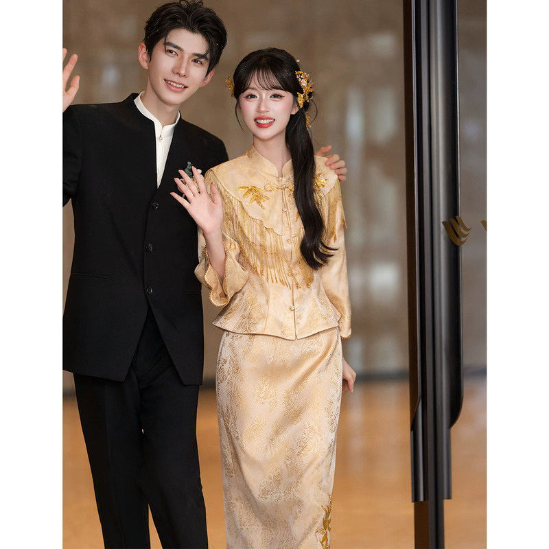 Golden Qipao Toast Dress 2026 New Style for Petite Brides, Two-Piece Set for Engagement and Wedding, Homecoming and Bridal Party