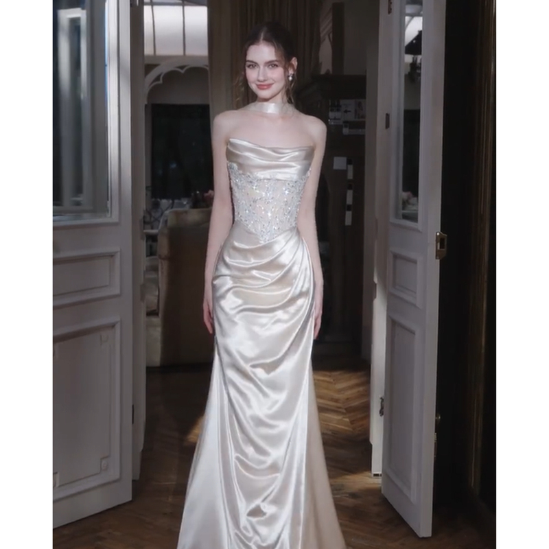 French-Style Strapless Evening Dress for Women 2026 New Bridal Engagement High-End Small Train Toast Dress Hostess