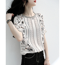 2021 summer new chiffon shirt retro loose round neck printing short-sleeved stitching knitted T-shirt fashion top tide