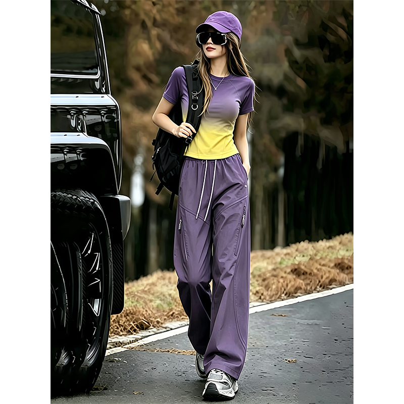 Purple Quick-Drying Hiking Clothing Set for Women, Summer Thin Breathable Gradient Short-Sleeved Casual Sports Pants Two-Piece Set Purple Quick-Drying Hiking Clothing Set for Women, Summer Thin Breathable Gradient Short-Sleeved Casual Sports Pants Two-Piece Set