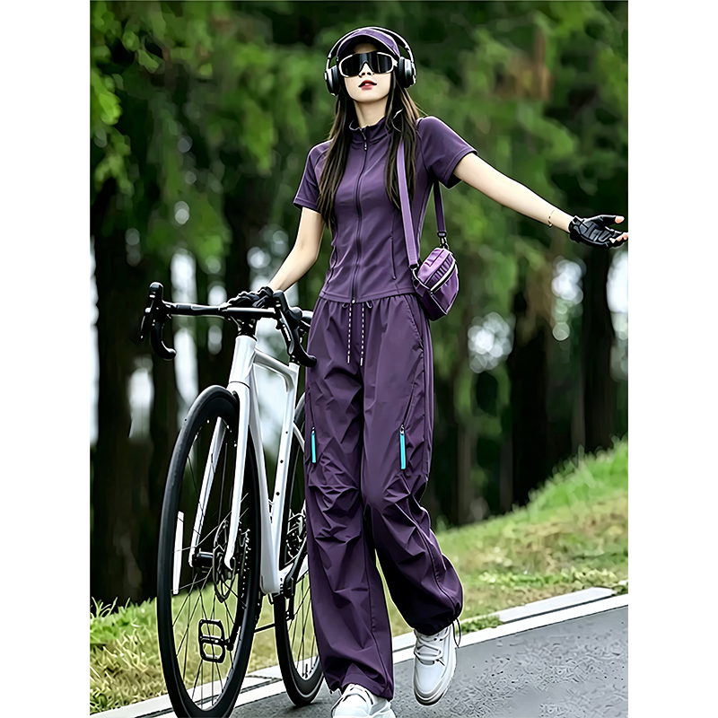 High-End Purple Short-Sleeved Sports Suit for Women, New Summer Style, Stylish and Age-Reducing Cardigan, Loose Wide-Leg Pants Two-Piece Set High-End Purple Short-Sleeved Sports Suit for Women, New Summer Style, Stylish and Age-Reducing Cardigan, Loose Wide-Leg Pants Two-Piece Set