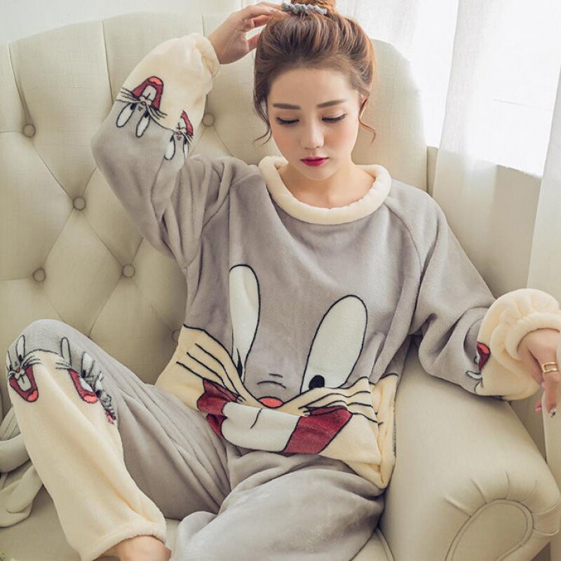 Coral Suede Pajamas Woman Winter Student Korean Version Cute Two Sets Plus Velvet Thickened Flannel Suit Fall Home Clothing