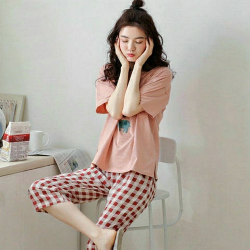 New 100% cotton pajamas ladies summer short sleeves cotton student cropped pants cotton summer loungewear set